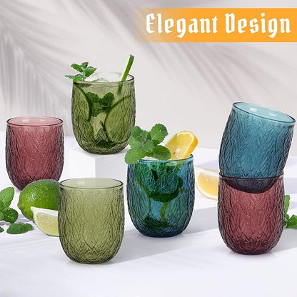 Topsky Vintage Colored Glassware Set of 6,12 oz Green Willow Leaf Drinking Glasses Set,Blue Drinkware Glasses for Wine,Cocktail,juice,Heavy Duty Glass Cups