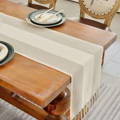 Wracra Linen Table Runner, Stripe Table Runners 72 Inches Long Light Coffee | - Image 6