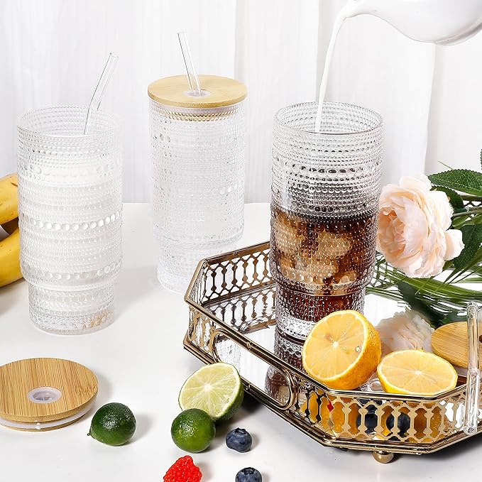 16 Oz Glass Cup with Lid and Straw, Vintage Embossed Glassware - Image 4