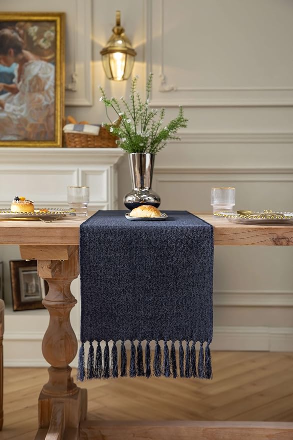 Navy Table Runners 108 Inches Long, Burlap Linen Style Rustic Farmhouse Table - Image 2
