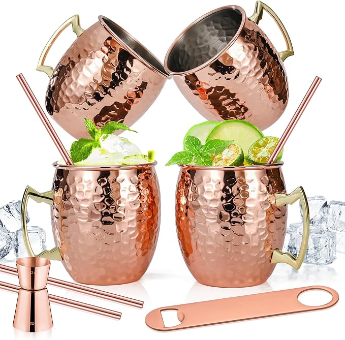 Amrules Moscow Mule Mugs Set of 4, 16 OZ Hammered Copper Cups by Amrules
