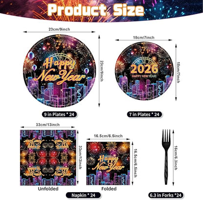 96 Pieces Happy New Year 2026 Tableware Set – Fireworks and City Night Skyline - Image 2