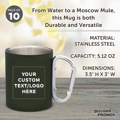 Custom Stainless Steel Mugs with Carabiner Handle 10 oz. Set of 10, Personalized Bulk Pack - Perfect for Coffee, Soda, Other Hot & Cold Beverages - Army Green