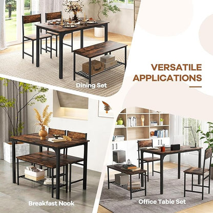 NAFORT Dining Table Set for 4 with Bench, Industrial Kitchen Table and Chairs, Rustic Brown Wood & Black Metal 4-Piece Dining Set for Apartment, Small Space, Kitchen & Dining Room