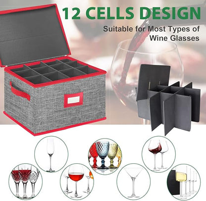 VERONLY Wine Glass Storage Box with Dividers, Stemware Storage Case Hard Shell Stackable for Up to 12 Glasses, Crystal Glassware Containers for Holidays (Grey and Red)