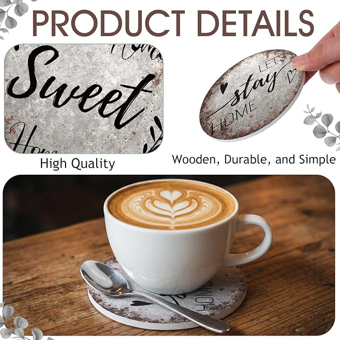 Queekay Coasters Set of 6 House Warming Gifts New Home Wooden Farmhouse Drink - Image 3