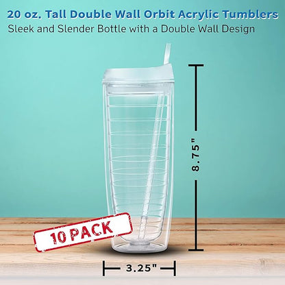 DISCOUNT PROMOS Tall Orbit Acrylic Tumblers 20 oz. Set of 10, Bulk Pack - Perfect for Iced Coffee, Soda, Other Hot & Cold Beverages - Clear