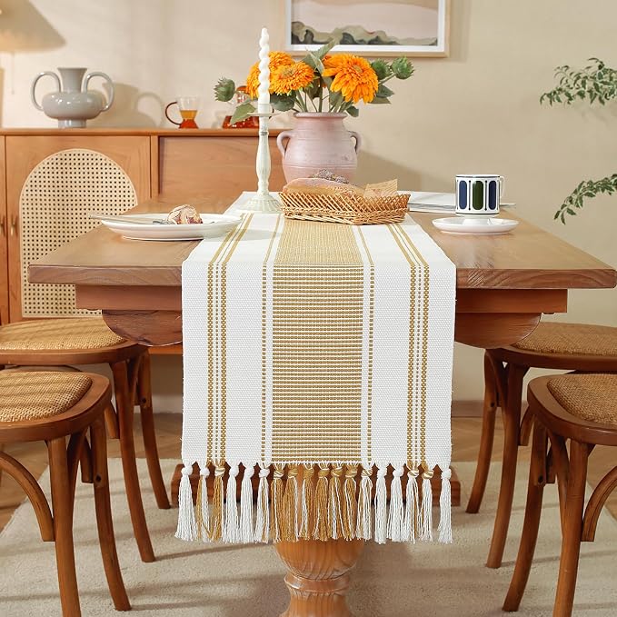 Gold Table Runner with Tassels, 72 Inches Long Farmhouse Macrame Cotton Linen - Image 2
