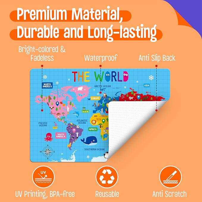 6 Pack Placemats for Kids, Non-Slip Washable, Reusable Alphabet, Shape & Color - Image 4