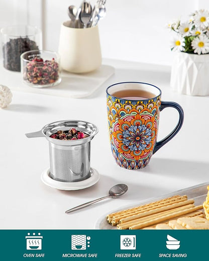 vancasso Ceramic Tea Mug with Infuser and Lid, 18 Ounce Bohemian Loose Leaf Cup, Microwave & Dishwasher Safe, Perfect for Tea, Coffee, Burnt-Cobalt Mandala