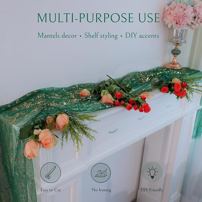 Snowkingdom Green Gold Gauze Table Runner 10FT 120 Inch Long, Glitter Sheer - Image 6