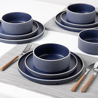 Dinnerware Set Service for 8, 24-Piece Ceramic Plates and Bowls Set, Chip & Scratch Resistant, Microwave and Dishwasher Safe, Modern Minimalist Tableware for Everyday Use, Matte Blue