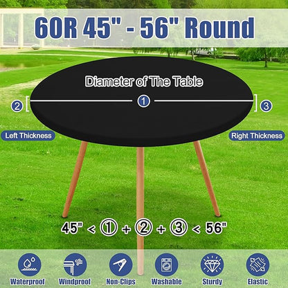 Round Spandex Tablecloth 2 Pack, Elastic Fitted Waterproof Tablecloths for 45"-56" Tables, Stretch Washable Picnic Table Cover for Camping, Dining, Indoor and Outdoor, Black