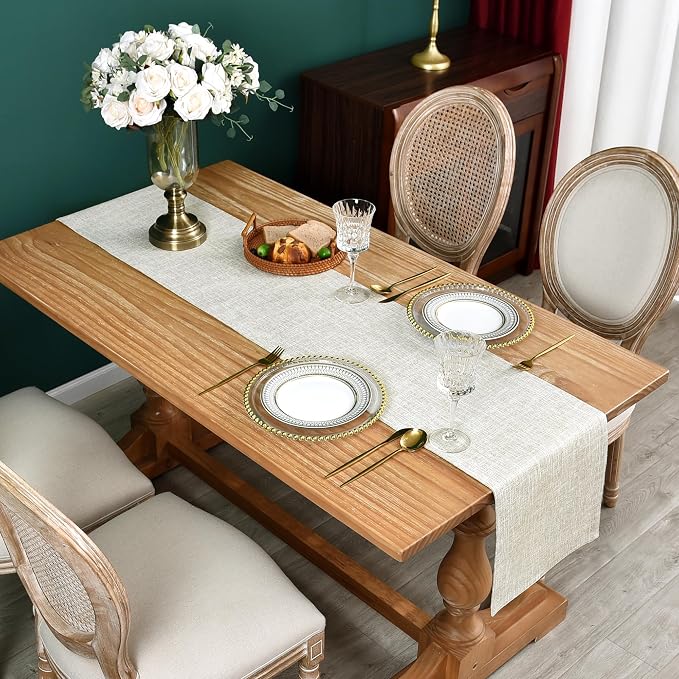 Farmhouse Rustic Faux Linen Table Runner Neutral Beige Table Runners Double - Image 2