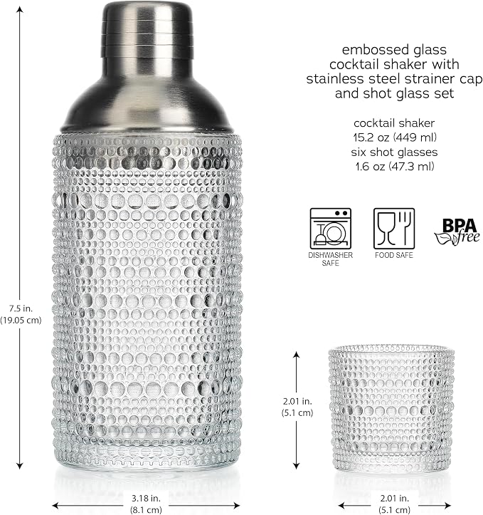 Glaver's Cocktail Shaker Set, Glass 15.2 oz Shaker, 6 Hobnail Shot Glasses - Image 3