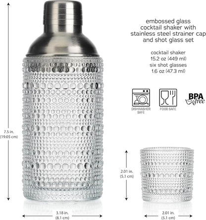 Glaver's Cocktail Shaker Set, Glass 15.2 oz Shaker, 6 Hobnail Shot Glasses - Image 3