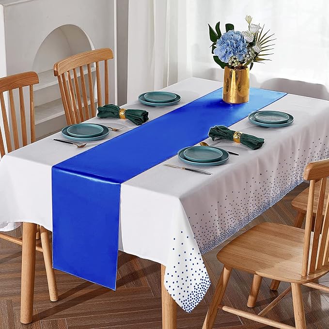 8Pack Disposable Plastic Tablecloths and Satin Table Runner White and Royal - Image 4