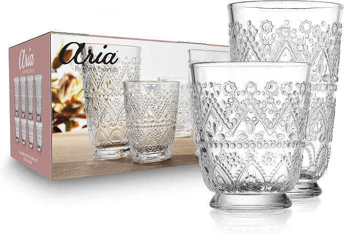Vintage Drinking Glasses Set of 8 Elegant Glassware Set, 4 Highball Glasses 16oz by MosJos
