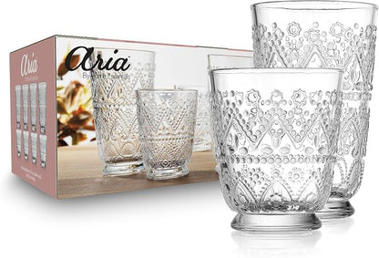 Vintage Drinking Glasses Set of 8 Elegant Glassware Set, 4 Highball Glasses 16oz by MosJos