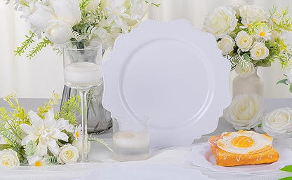 COLOSUS 100pcs 9.5 Inch-White Plastic Dinner Plates, Fancy White Plastic Plates,Heavy Duty Disposable Dinner Plates for Party Thanksgiving and Everyday Use