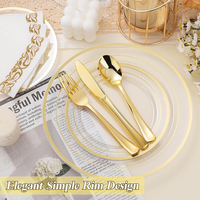 BESTSTAR 100PCS Clear Gold Plastic Plates Set | 50 10.25 inch Dinner Plates and - Image 5