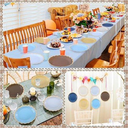 48 Pcs Blue Brown Paper Plates 9 Inch Gradient Scalloped Paper Plates Disposable Dinner Dessert for Birthday Wedding Bridal Party Supplies, 6 Colors