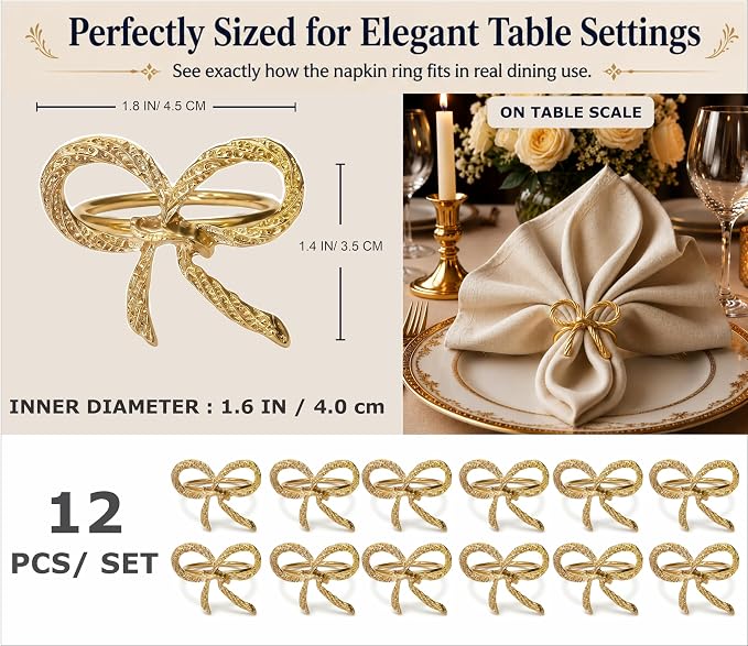 Gold Napkin Rings Set of 12 – Elegant Bow Design – Decorative Napkin Ring - Image 2