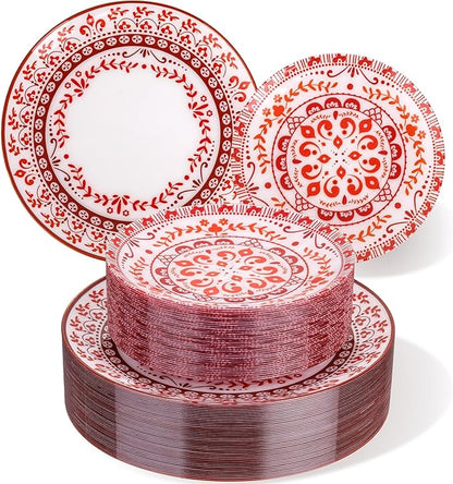 Hioasis 60pcs Red Plastic Plates Set - Floral Red & White Porcelain Design, 10.25" Dinner & 7.5" Dessert Plates Disposable for Christmas (Dishwasher Safe, Traditional Style)