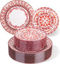 Hioasis 60pcs Red Plastic Plates Set - Floral Red & White Porcelain Design, 10.25" Dinner & 7.5" Dessert Plates Disposable for Christmas (Dishwasher Safe, Traditional Style)