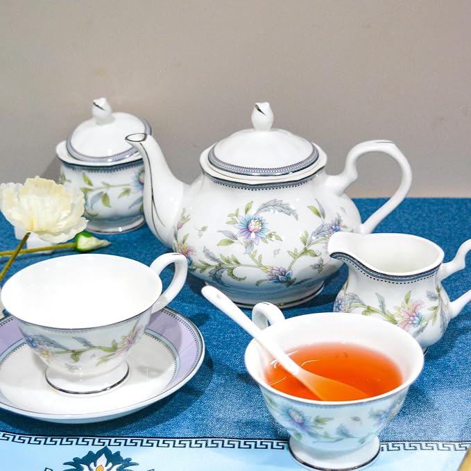 Bone China Tea Set, 21-Pieces Porcelain Tea Set - Image 5