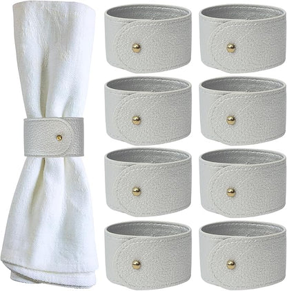 Luxury Leather Napkin Rings Set of 8, Silver, Morgan Faux Style, Modern Cuff Design for Wedding Party Decorations, Kitchen, Holiday Table,Rust Proof,Hotel, Home, Table Accessories, Dining