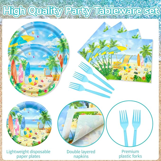96 Pieces Summer Beach Plates and Napkins Set, Tropical Disposable Tableware - Image 3