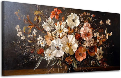 ADJUVANT Wall Art Vintage Floral Bouquet in Vase 60"L x 30"W, Flowers Canvas Painting Botanic Artwork Retro Blossoms Prints Graceful Floral Wall Decor for Living Room Bedroom Dining Room Home Office