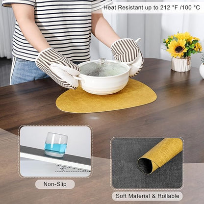Placemats and Coasters, Washable Reversible Placemats Round Faux Leather Wipeable Place Mats Non Slip Heat Resistant Indoor Outdoor Table Mats (Set of 6, Gray Yellow)