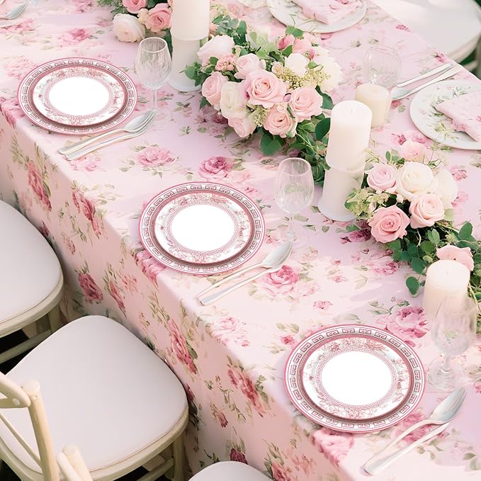 Pink White Floral Paper Plates and Napkins Party Supplies Serve 60 | 180PCS - Image 5