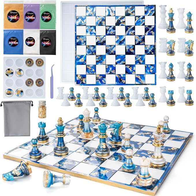HeyClear Chess Set Resin Molds, Chess Board Silicone Molds & 16PCS 3D Full Size by HeyClearResin
