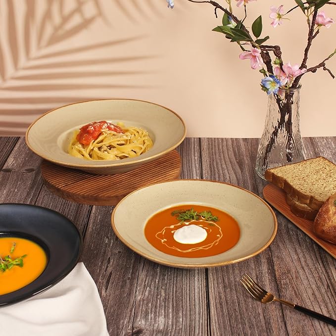 Pasta Plates with Rim 12 oz, Soup Bowl Pasta Bowl Set of 2, Shallow Bowl Plate, Ceramic Wide Rimmed Soup Bowl, Best choice for high-end restaurants, hotels, and foodies,11 Inch Beige