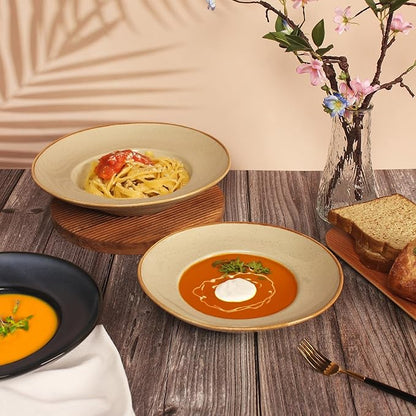 Pasta Plates with Rim 12 oz, Soup Bowl Pasta Bowl Set of 2, Shallow Bowl Plate, Ceramic Wide Rimmed Soup Bowl, Best choice for high-end restaurants, hotels, and foodies,11 Inch Beige