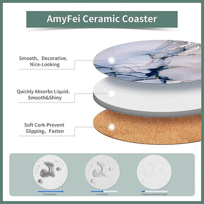 Round Coasters, Crystal Blue Ceramic Marble, 6 Pcs for Drinks, Non-Slip for Desk & Room Decor (4 Inches)