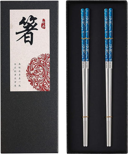 Titanium Plated Chopstick Stainless Steel Chopsticks Metal Chopsticks Reusable Dishwasher safe Premium Laser Engraved Chop Sticks for Eating 2 Pairs Gift Set Blue Silver
