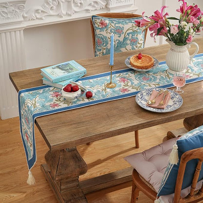 Patdrea Designer Vintage French Linen Table Runner, Elegant Blue Floral Pattern - Image 8