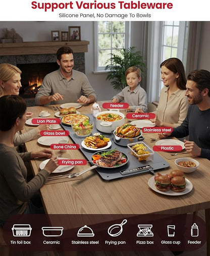 Extra Large Food Warming Mat for Countertop (XXL 36”x16”) - Full-Surface Heating Pad with 4 Temps Settings, Ideal for Buffet Party Food Warmer, Roll-Up Electric Warming Tray for All Gathering, Gray