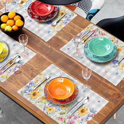 Giwawa Spring Floral Placemats, 12"x18" Summer Flowers Grey Checkered Linen Table Mats Set of 4, Watercolor Wildflower Butterfly Washable Heat Resistance for Seasonal Kitchen Dining Decor