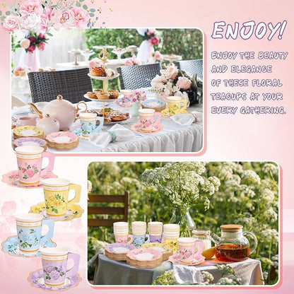 Kochorie 120 Pcs Floral Paper Tea Cups and Saucers 9 Oz Disposable Teacups Bulk - Image 7