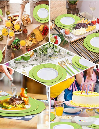 WDF 150Pcs Green Plates Disposable - Baroque Green and Gold Plates - 25Guest Plastic Dinnerware Ideal for Party/Spring/Picnic
