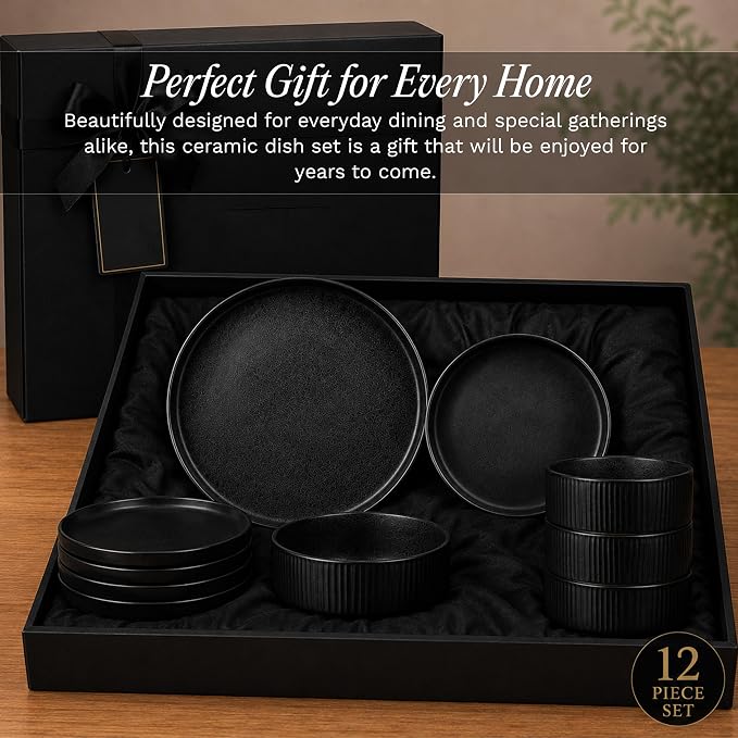Sango 12 Pieces Stoneware Fluted Dinnerware Set, Modern Black Dishes - Image 6
