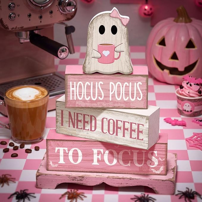 Moucuny 4 Pcs Pink Halloween Table Decorations Coffee Ghost Wooden Stacked - Image 2