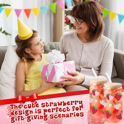 Sliner 2 Pcs Strawberry Glass Cups Summer Drinking Glasses 16 oz Iced Coffee - Image 3