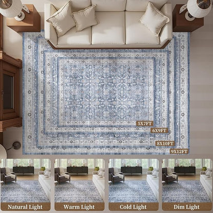 MontVoo-Vintage Area Rugs 8X10 Blue Rugs for Living Room-Soft Distressed Printed Rugs for Bedroom-Non Slip Carpet-Machine Washable Rug for Dining Room Living Room Bedside Office