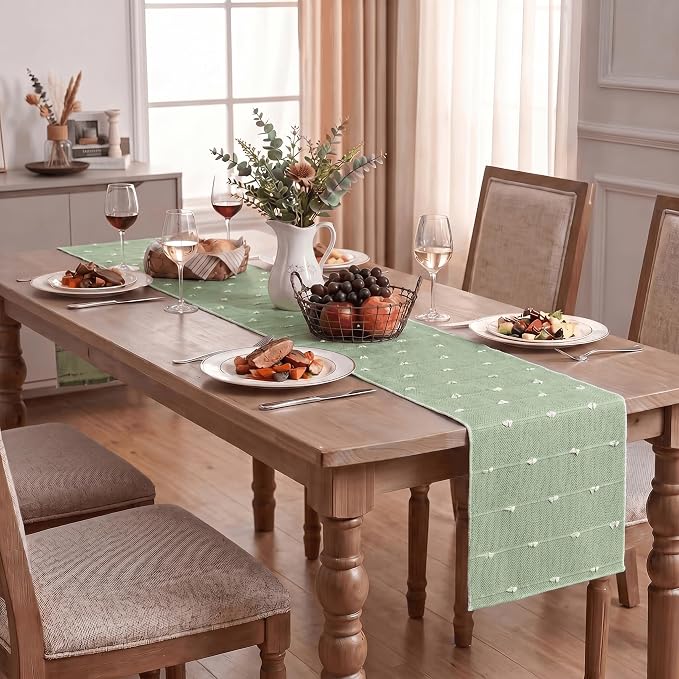 Artoid Mode Sage Green Farbic Rustic Cotton Woven Table Runner, Farmhouse - Image 8